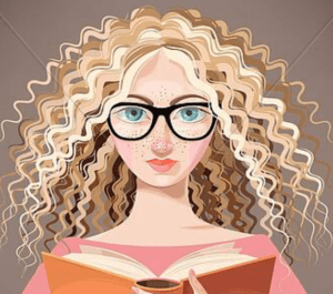 illustration of a young woman with glasses reading a book
