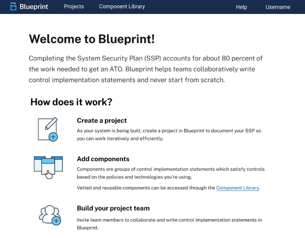 The first screen of the app says "Welcome to Blueprint! Create a project, add components, build your project team." 