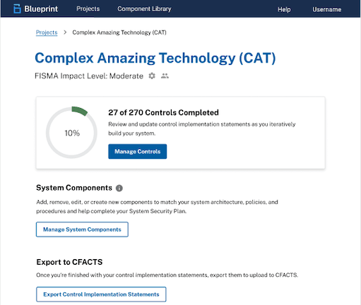 The project dashboard shows what percentage of the system security plan is complete. 